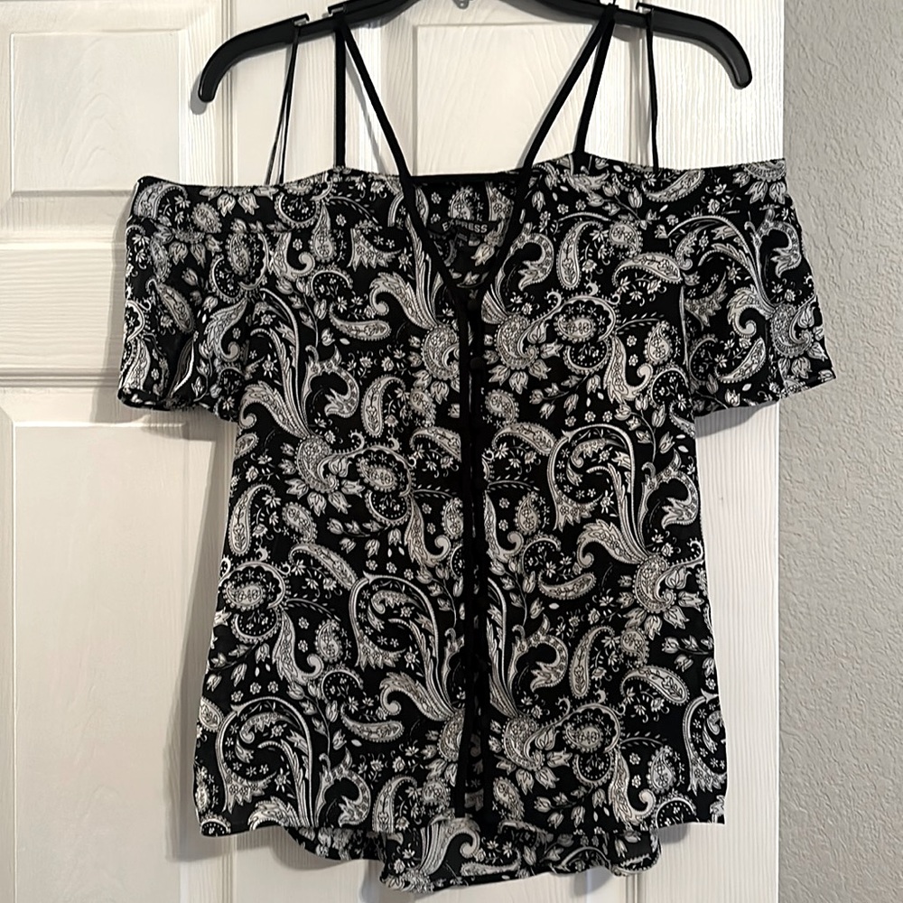 Express Paisley Off The Shoulder Button Down Blouse